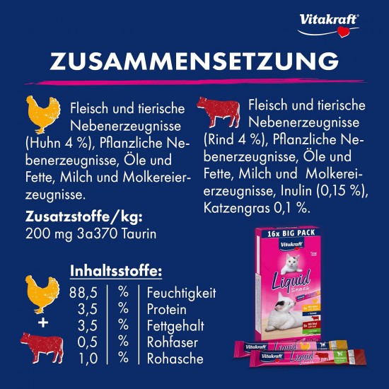 Vitakraft Liquid Snack for Cats, Cats Treats in Mega Pack, Creamy Texture, with Beef, with Chicken, with Salmon, 1 Storage Pack (48 x 15 g) Vitakraft Liquid Snack for Cats, Cats Treats in Mega Pack, Creamy Texture, with Beef, with Chicken, with Salmon, 1 Storage Pack (48 x 15 g)
