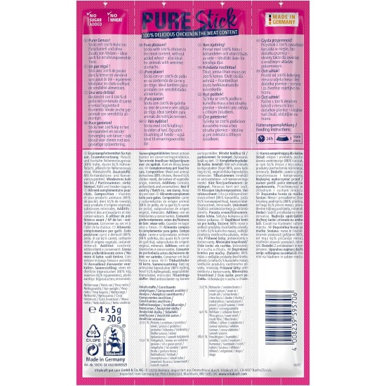 Vitakraft Pure Stick, Cat Treat, Meaty Stick, with Chicken, Individual Sticks, Also for Nutritionally Sensitive Cats, No Added Sugar (1 x 20 g) Vitakraft Pure Stick, Cat Treat, Meaty Stick, with Chicken, Individual Sticks, Also for Nutritionally Sensitive Cats, No Added Sugar (1 x 20 g)