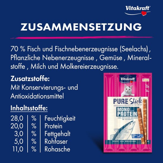 Vitakraft Pure Stick, Cat Treat, Meaty Stick, with Pollock, Individual Sticks, Also for Nutritionally Sensitive Cats, Storage Size (20 x 20 g) Vitakraft Pure Stick, Cat Treat, Meaty Stick, with Pollock, Individual Sticks, Also for Nutritionally Sensitive Cats, Storage Size (20 x 20 g)