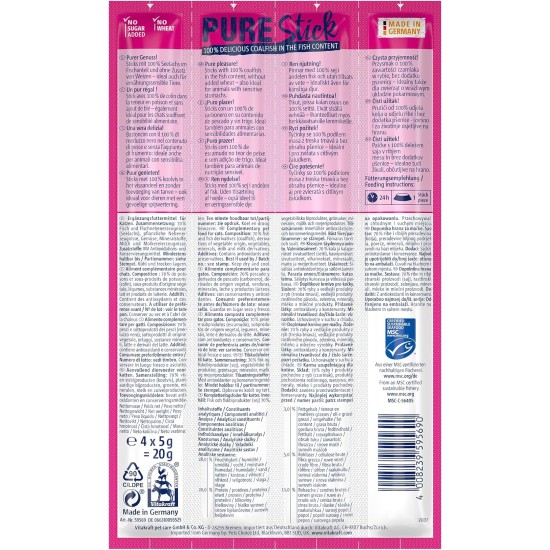 Vitakraft Pure Stick, Cat Treat, Meaty Stick, with Pollock, Individual Sticks, Also for Nutritionally Sensitive Cats, Storage Size (20 x 20 g) Vitakraft Pure Stick, Cat Treat, Meaty Stick, with Pollock, Individual Sticks, Also for Nutritionally Sensitive Cats, Storage Size (20 x 20 g)