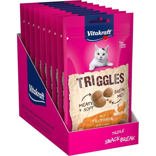 Vitakraft Triggles, Cat Treat, Soft Cat Snack, with Turkey, Storage Size, No Added Sugar (9 x 40 g) Vitakraft Triggles, Cat Treat, Soft Cat Snack, with Turkey, Storage Size, No Added Sugar (9 x 40 g)