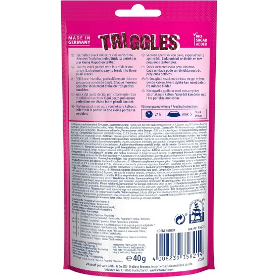 Vitakraft Triggles, Cat Treat, Soft Cat Snack, with Turkey, Storage Size, No Added Sugar (9 x 40 g) Vitakraft Triggles, Cat Treat, Soft Cat Snack, with Turkey, Storage Size, No Added Sugar (9 x 40 g)