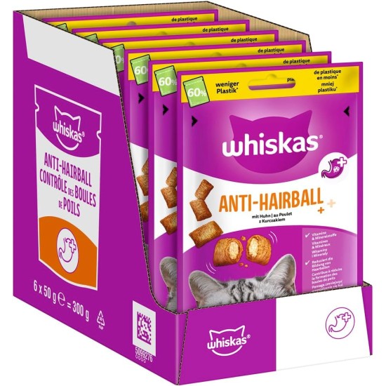 WHISKAS Anti-Hairball Cat Snacks 6 x 50g - Delicious Snacks Against Hairballs for Healthy Fur WHISKAS Anti-Hairball Cat Snacks 6 x 50g - Delicious Snacks Against Hairballs for Healthy Fur