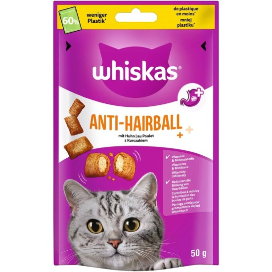 WHISKAS Anti-Hairball Cat Snacks 6 x 50g - Delicious Snacks Against Hairballs for Healthy Fur WHISKAS Anti-Hairball Cat Snacks 6 x 50g - Delicious Snacks Against Hairballs for Healthy Fur