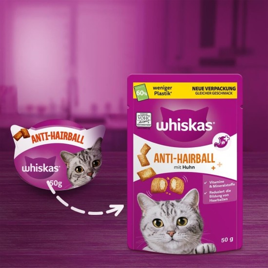 WHISKAS Anti-Hairball Cat Snacks 6 x 50g - Delicious Snacks Against Hairballs for Healthy Fur WHISKAS Anti-Hairball Cat Snacks 6 x 50g - Delicious Snacks Against Hairballs for Healthy Fur