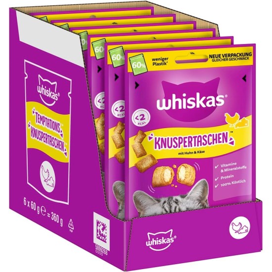 WHISKAS Crispy Bags Cat Snacks Chicken & Cheese 6 x 60 g - Snacks with Chicken and Cheese for Cats