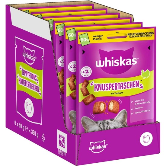 WHISKAS Crispy Bags Cat Snacks Chicken & Cheese 6 x 60 g - Snacks with Chicken and Cheese for Cats WHISKAS Crispy Bags Cat Snacks Chicken & Cheese 6 x 60 g - Snacks with Chicken and Cheese for Cats