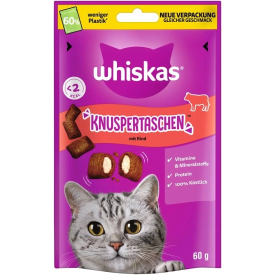 WHISKAS Crispy Bags Cat Snacks with Beef 6 x 60 g - Delicious Beef Snacks for Cats WHISKAS Crispy Bags Cat Snacks with Beef 6 x 60 g - Delicious Beef Snacks for Cats