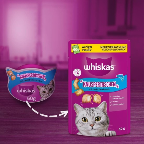 WHISKAS Crispy Bags Cat Snacks with Beef 6 x 60 g - Delicious Beef Snacks for Cats WHISKAS Crispy Bags Cat Snacks with Beef 6 x 60 g - Delicious Beef Snacks for Cats