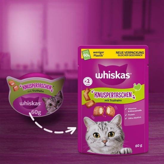 WHISKAS Crispy Bags Cat Snacks with Beef 6 x 60 g - Delicious Beef Snacks for Cats WHISKAS Crispy Bags Cat Snacks with Beef 6 x 60 g - Delicious Beef Snacks for Cats