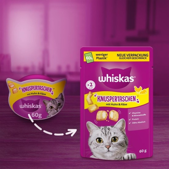 WHISKAS Crispy Bags Cat Snacks with Beef 6 x 60 g - Delicious Beef Snacks for Cats WHISKAS Crispy Bags Cat Snacks with Beef 6 x 60 g - Delicious Beef Snacks for Cats
