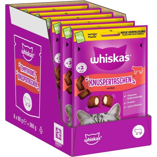 WHISKAS Crispy Bags Cat Snacks with Beef 6 x 60 g - Delicious Beef Snacks for Cats