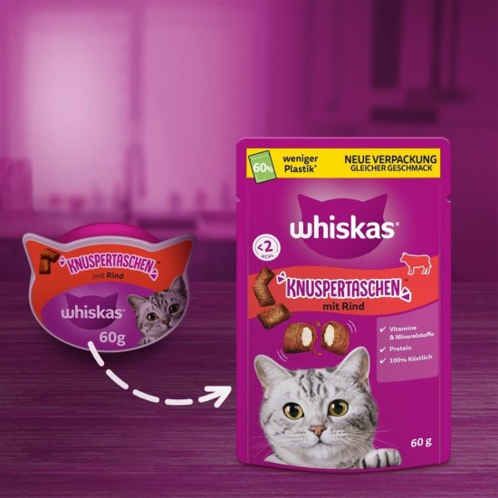 WHISKAS Crispy Bags Cat Snacks with Beef 6 x 60 g - Delicious Beef Snacks for Cats WHISKAS Crispy Bags Cat Snacks with Beef 6 x 60 g - Delicious Beef Snacks for Cats