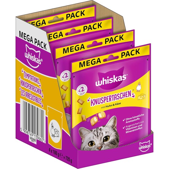 Whiskas Crispy Bags Cat Snacks with Chicken and Cheese 4x 180 g (4 Packs) – Various Product Packages Available Whiskas Crispy Bags Cat Snacks with Chicken and Cheese 4x 180 g (4 Packs) – Various Product Packages Available