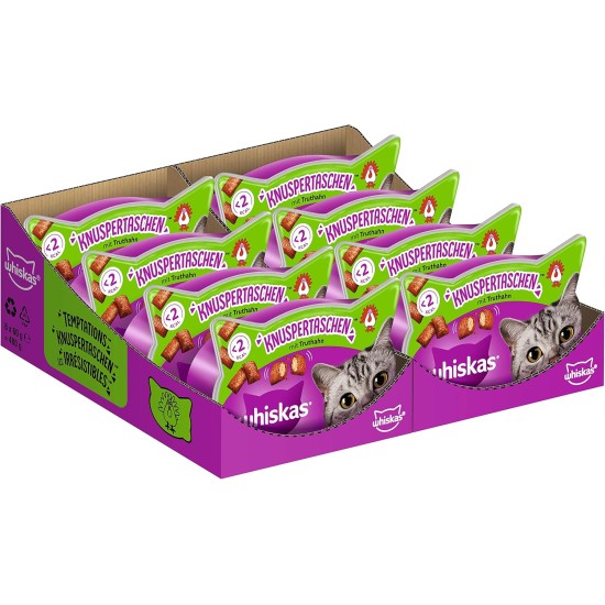 Whiskas Crispy Bags Cat Snacks with Chicken and Cheese 4x 180 g (4 Packs) – Various Product Packages Available Whiskas Crispy Bags Cat Snacks with Chicken and Cheese 4x 180 g (4 Packs) – Various Product Packages Available