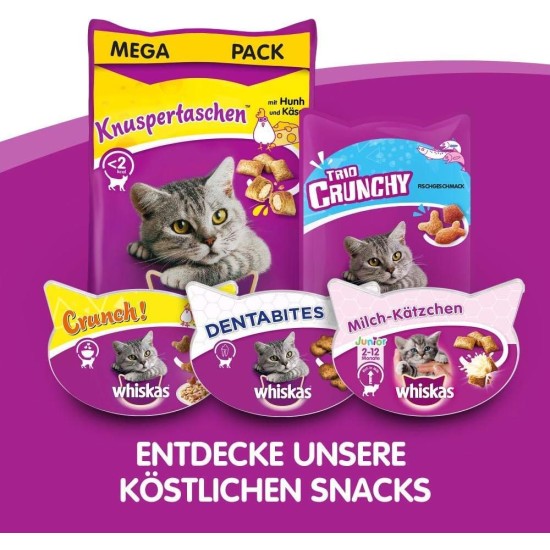 Whiskas Crispy Bags Cat Snacks with Chicken and Cheese 4x 180 g (4 Packs) – Various Product Packages Available Whiskas Crispy Bags Cat Snacks with Chicken and Cheese 4x 180 g (4 Packs) – Various Product Packages Available