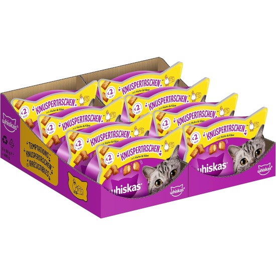 Whiskas Crispy Bags Cat Snacks with Chicken and Cheese 4x 180 g (4 Packs) – Various Product Packages Available Whiskas Crispy Bags Cat Snacks with Chicken and Cheese 4x 180 g (4 Packs) – Various Product Packages Available