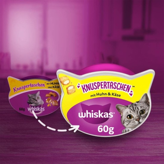 Whiskas Crispy Bags Cat Snacks with Chicken and Cheese 4x 180 g (4 Packs) – Various Product Packages Available Whiskas Crispy Bags Cat Snacks with Chicken and Cheese 4x 180 g (4 Packs) – Various Product Packages Available