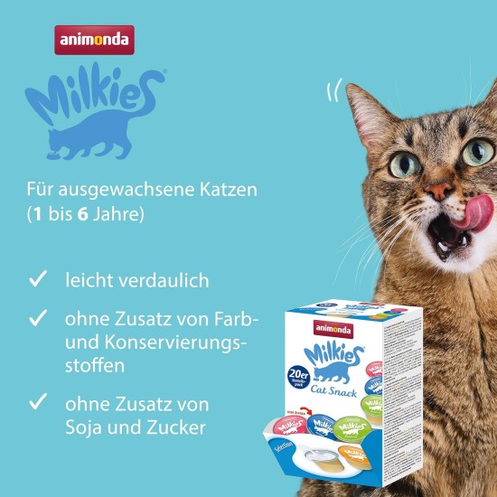 animonda Milkies Cat Snack with Milk - Selection Mix Pack (6 x 30 g), Grain-Free Crisp Cushion Milk Cat Snacks for Adult Cats animonda Milkies Cat Snack with Milk - Selection Mix Pack (6 x 30 g), Grain-Free Crisp Cushion Milk Cat Snacks for Adult Cats