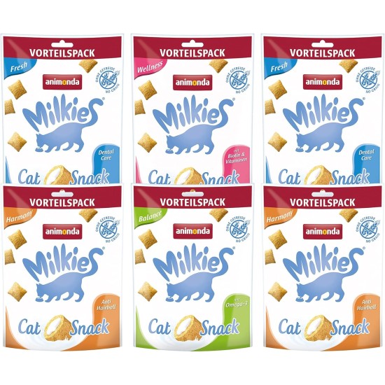 animonda Milkies Cat Snack with Milk - Selection Mix Pack (6 x 30 g), Grain-Free Crisp Cushion Milk Cat Snacks for Adult Cats animonda Milkies Cat Snack with Milk - Selection Mix Pack (6 x 30 g), Grain-Free Crisp Cushion Milk Cat Snacks for Adult Cats