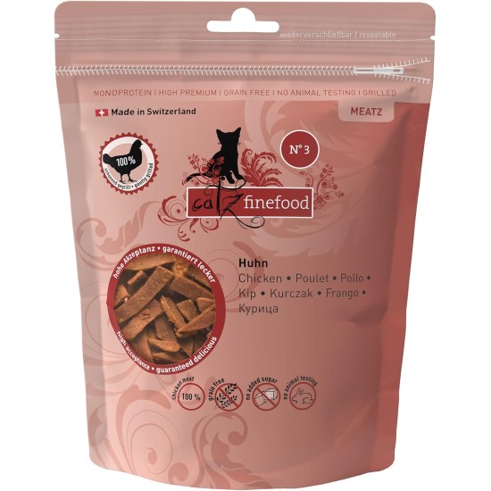 catz finefood Meatz Cat Treats Chicken N° 3 – Crispy Meat Strips, Grilled Chicken with Biotin for Full Fur – Cat Snack without Sugar, Grain-Free, 45 g catz finefood Meatz Cat Treats Chicken N° 3 – Crispy Meat Strips, Grilled Chicken with Biotin for Full Fur – Cat Snack without Sugar, Grain-Free, 45 g