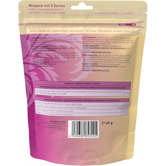 catz finefood Meatz Cat Treats Essential Mix – Crispy Strips from the Most Popular Meat – Cat Snack for Allergy Sufferers without Sugar, Grain-Free (1 x 45 g) catz finefood Meatz Cat Treats Essential Mix – Crispy Strips from the Most Popular Meat – Cat Snack for Allergy Sufferers without Sugar, Grain-Free (1 x 45 g)
