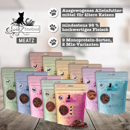catz finefood Meatz Cat Treats Essential Mix – Crispy Strips from the Most Popular Meat – Cat Snack for Allergy Sufferers without Sugar, Grain-Free (1 x 45 g) catz finefood Meatz Cat Treats Essential Mix – Crispy Strips from the Most Popular Meat – Cat Snack for Allergy Sufferers without Sugar, Grain-Free (1 x 45 g)