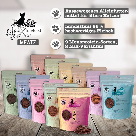 catz finefood Meatz Cat Treats Essential Mix – Crispy Strips from the Most Popular Meat – Cat Snack for Allergy Sufferers without Sugar, Grain-Free (1 x 45 g) catz finefood Meatz Cat Treats Essential Mix – Crispy Strips from the Most Popular Meat – Cat Snack for Allergy Sufferers without Sugar, Grain-Free (1 x 45 g)