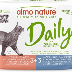 Almo Nature Daily Complete Wet Food for Adult Cats - with Tuna and Salmon - with Cod and Shrimp - Treats - 6 Bags of 70 g Almo Nature Daily Complete Wet Food for Adult Cats - with Tuna and Salmon - with Cod and Shrimp - Treats - 6 Bags of 70 g