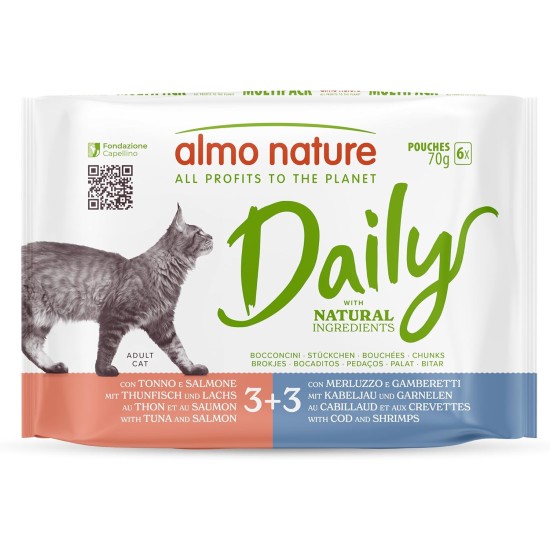 Almo Nature Daily Wet Food for Adult Cats - with Tuna and Salmon - with Cod and Shrimp - Pack of 420 g (6 x 70 g) Almo Nature Daily Wet Food for Adult Cats - with Tuna and Salmon - with Cod and Shrimp - Pack of 420 g (6 x 70 g)