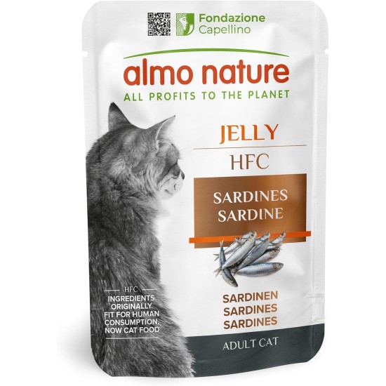 Almo Nature HFC Jelly Wet Food for Adult Cats - Sardines - Human Grade, Gluten Free, Monoprotein - 55 g (Pack of 24)