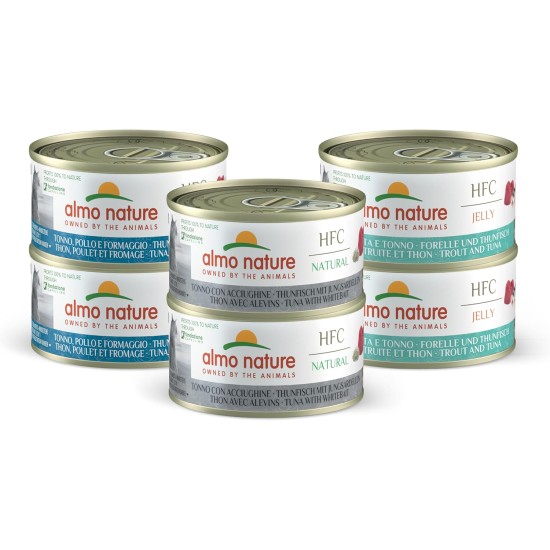 Almo Nature Multipack (6x70g) - Verschiedene Sorten mit Thunfisch: 2X Thunfisch, Huhn und Käse - 2X Thunfisch mit Jungsardellen - 2X Forelle und Thunfisch Almo Nature Multipack (6x70g) - Verschiedene Sorten mit Thunfisch: 2X Thunfisch, Huhn und Käse - 2X Thunfisch mit Jungsardellen - 2X Forelle und Thunfisch