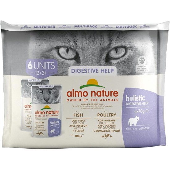 Almo Nature Multipack Holistic Digestive Help 3 x With Fish - 3 x With Poultry. Complete Food for Adult Cats, Wet Food, Pack of 6 (6 x 70 g) Almo Nature Multipack Holistic Digestive Help 3 x With Fish - 3 x With Poultry. Complete Food for Adult Cats, Wet Food, Pack of 6 (6 x 70 g)