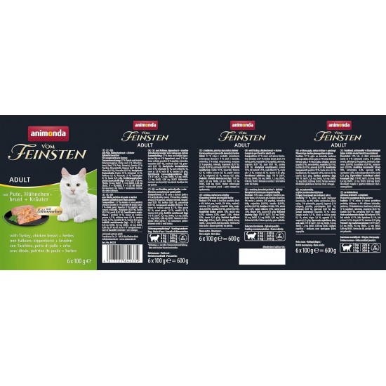 Animonda Vom Feinsten Adult Cat Food, Wet Food for Adult Cats, Gourmet Core with Turkey, Chicken Breast + Herbs, 6 x 100 g Animonda Vom Feinsten Adult Cat Food, Wet Food for Adult Cats, Gourmet Core with Turkey, Chicken Breast + Herbs, 6 x 100 g