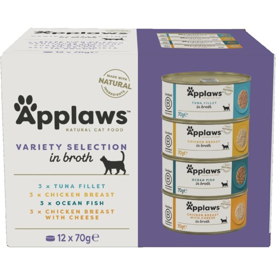 Applaws 100% Natural Premium Wet Cat Food in Broth for Adult Cats - Tuna, Chicken, Sea Fish Mixed Selection in Broth - Pack of 12 x 70g Cans Applaws 100% Natural Premium Wet Cat Food in Broth for Adult Cats - Tuna, Chicken, Sea Fish Mixed Selection in Broth - Pack of 12 x 70g Cans