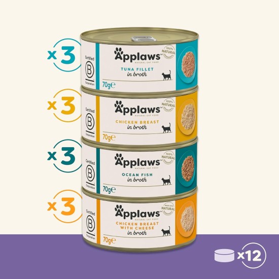 Applaws 100% Natural Premium Wet Cat Food in Broth for Adult Cats - Tuna, Chicken, Sea Fish Mixed Selection in Broth - Pack of 12 x 70g Cans Applaws 100% Natural Premium Wet Cat Food in Broth for Adult Cats - Tuna, Chicken, Sea Fish Mixed Selection in Broth - Pack of 12 x 70g Cans