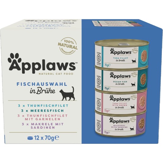 Applaws 100% Natural Premium Wet Cat Food in Broth for Adult Cats - Tuna, Chicken, Sea Fish Mixed Selection in Broth - Pack of 12 x 70g Cans Applaws 100% Natural Premium Wet Cat Food in Broth for Adult Cats - Tuna, Chicken, Sea Fish Mixed Selection in Broth - Pack of 12 x 70g Cans