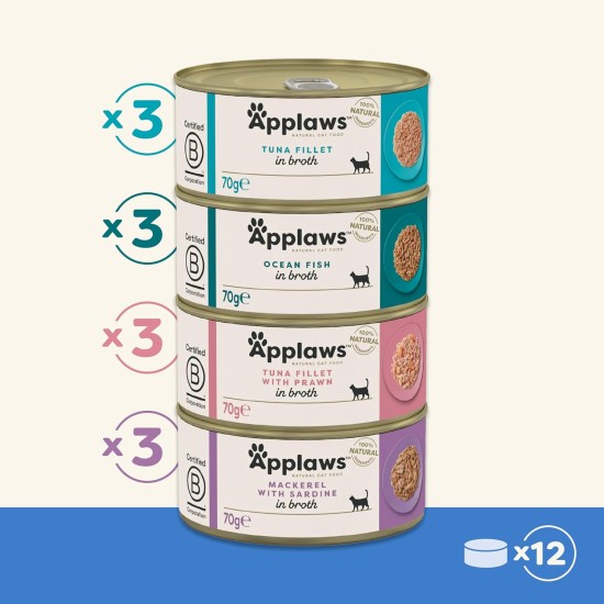 Applaws 100% Natural Premium Wet Cat Food in Broth for Adult Cats - Tuna, Chicken, Sea Fish Mixed Selection in Broth - Pack of 12 x 70g Cans Applaws 100% Natural Premium Wet Cat Food in Broth for Adult Cats - Tuna, Chicken, Sea Fish Mixed Selection in Broth - Pack of 12 x 70g Cans