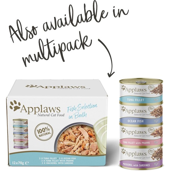 Applaws 100% Natural Premium Wet Cat Food in Broth for Adult Cats - Tuna, Chicken, Sea Fish Mixed Selection in Broth - Pack of 12 x 70g Cans Applaws 100% Natural Premium Wet Cat Food in Broth for Adult Cats - Tuna, Chicken, Sea Fish Mixed Selection in Broth - Pack of 12 x 70g Cans