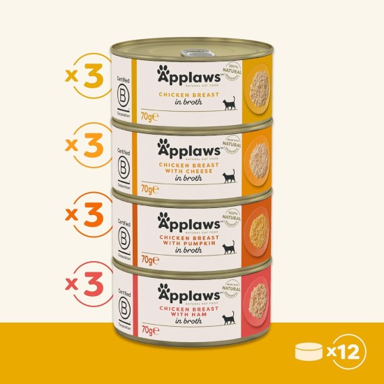 Applaws 100% Natural Premium Wet Cat Food in Broth for Adult Cats - Tuna, Chicken, Sea Fish Mixed Selection in Broth - Pack of 12 x 70g Cans Applaws 100% Natural Premium Wet Cat Food in Broth for Adult Cats - Tuna, Chicken, Sea Fish Mixed Selection in Broth - Pack of 12 x 70g Cans
