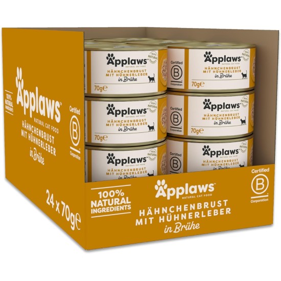 Applaws 100% Natural Wet Adult Cat Food Chicken Breast with Chicken Liver in Broth 24×70g Cans Applaws 100% Natural Wet Adult Cat Food Chicken Breast with Chicken Liver in Broth 24×70g Cans