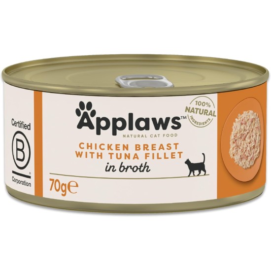 Applaws 100% Natural Wet Adult Cat Food Chicken Breast with Tuna Fillet in Broth 24×70g Cans Applaws 100% Natural Wet Adult Cat Food Chicken Breast with Tuna Fillet in Broth 24×70g Cans