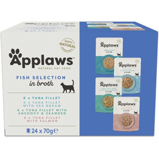 Applaws 100% Natural Wet Food for Cats, Bag Multipack Fish Selection in Broth - Pack of 24 x 70g Bags Applaws 100% Natural Wet Food for Cats, Bag Multipack Fish Selection in Broth - Pack of 24 x 70g Bags