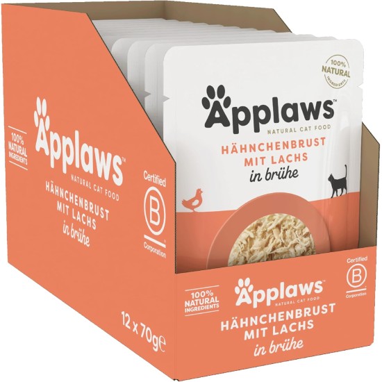 Applaws 100% Natural Wet Food for Cats, Chicken Breast with Salmon in Broth - Pack of 12 x 70g Bags Applaws 100% Natural Wet Food for Cats, Chicken Breast with Salmon in Broth - Pack of 12 x 70g Bags