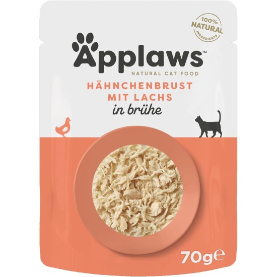 Applaws 100% Natural Wet Food for Cats, Chicken Breast with Salmon in Broth - Pack of 12 x 70g Bags Applaws 100% Natural Wet Food for Cats, Chicken Breast with Salmon in Broth - Pack of 12 x 70g Bags