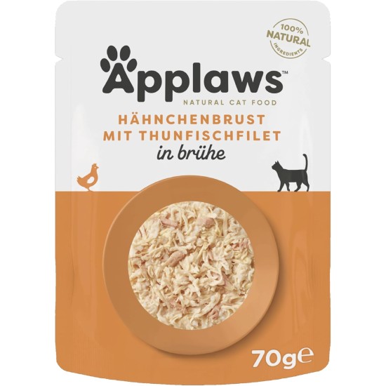 Applaws 100% Natural Wet Food for Cats, Chicken Breast with Tuna Fillet in Broth - Pack of 12 x 70g Bags Applaws 100% Natural Wet Food for Cats, Chicken Breast with Tuna Fillet in Broth - Pack of 12 x 70g Bags
