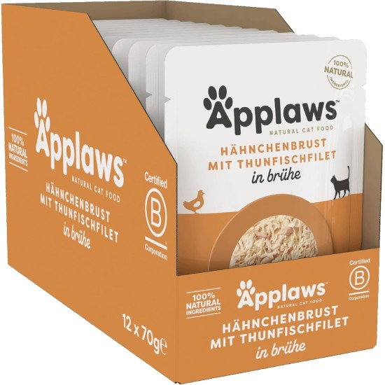 Applaws 100% Natural Wet Food for Cats, Chicken Breast with Tuna Fillet in Broth - Pack of 12 x 70g Bags Applaws 100% Natural Wet Food for Cats, Chicken Breast with Tuna Fillet in Broth - Pack of 12 x 70g Bags