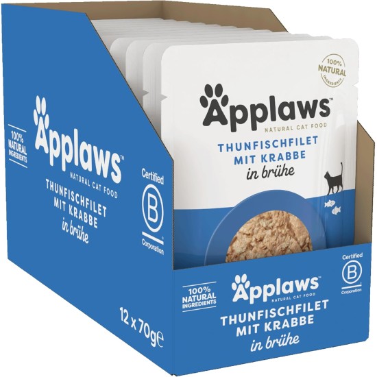 Applaws 100% Natural Wet Food for Cats, Tuna Fillet with Crab in Broth - Pack of 12 x 70g Bags Applaws 100% Natural Wet Food for Cats, Tuna Fillet with Crab in Broth - Pack of 12 x 70g Bags