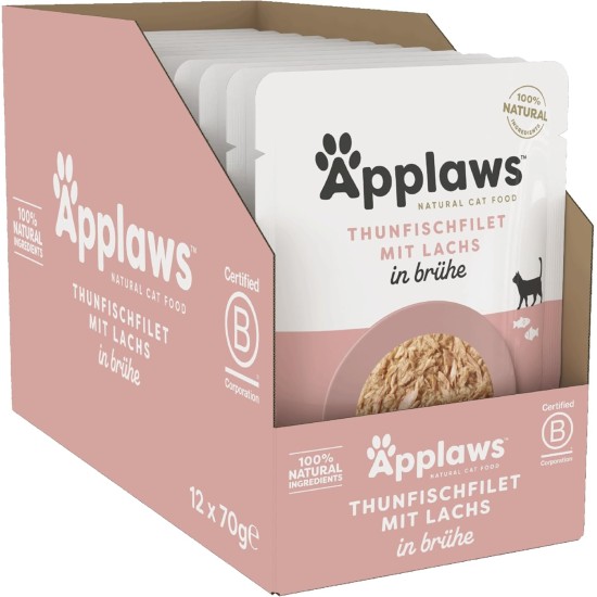 Applaws 100% Natural Wet Food for Cats, Tuna Fillet with Salmon in Broth - Pack of 12 x 70g Bags Applaws 100% Natural Wet Food for Cats, Tuna Fillet with Salmon in Broth - Pack of 12 x 70g Bags