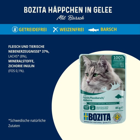 Bozita Pouch Wet Food Appetizers in Jelly with Perch - 12 x 85 g Portion Bag Grain-Free & Wheat Free Food for Cats - Wet Cat Food for Adult Cats with 8.5% Protein & 4.5% Fat Content Bozita Pouch Wet Food Appetizers in Jelly with Perch - 12 x 85 g Portion Bag Grain-Free & Wheat Free Food for Cats - Wet Cat Food for Adult Cats with 8.5% Protein & 4.5% Fat Content